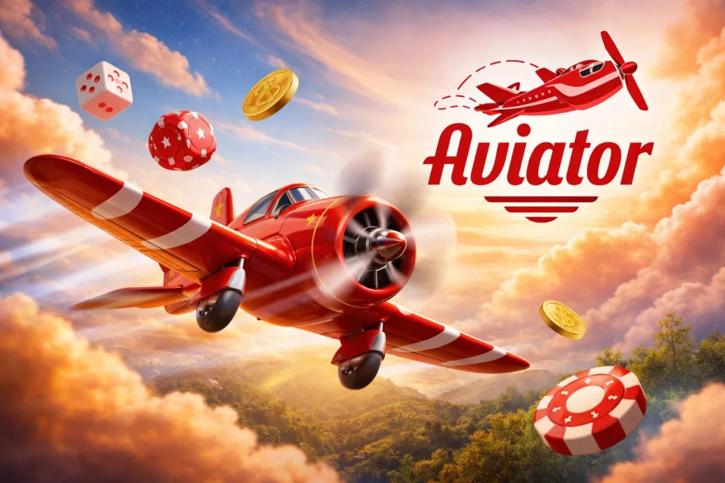 High-energy Aviator crash game advertisement featuring a red vintage propeller plane flying upward with motion blur and spinning propeller, surrounded by floating red-and-white dice, poker chips, golden Bitcoin coins, and dollar symbols, set against a vibrant orange-blue sky with the glowing 'Aviator' logo prominently displayed