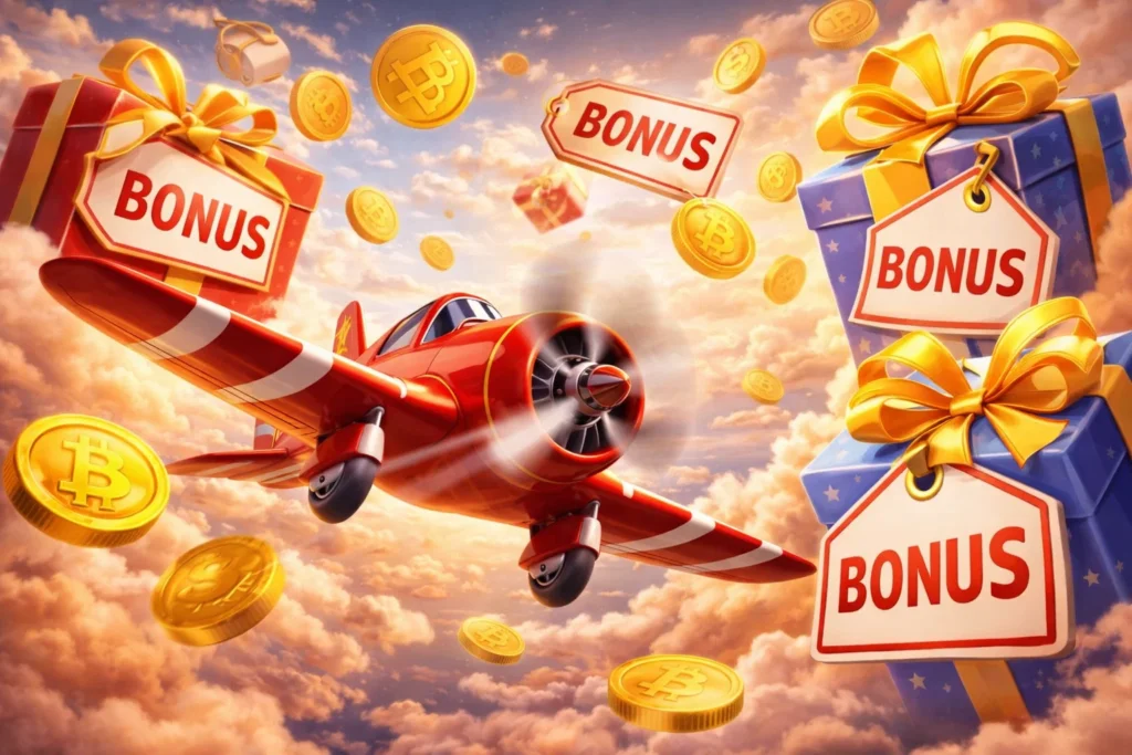 Festive promotional illustration for Aviator game bonuses showing a red propeller plane soaring through a bright sky surrounded by floating golden Bitcoin coins, large red and blue gift boxes tied with golden ribbons tagged 'BONUS', sparkling stars, and scattered cryptocurrency tokens against a dreamy sunset cloud background
